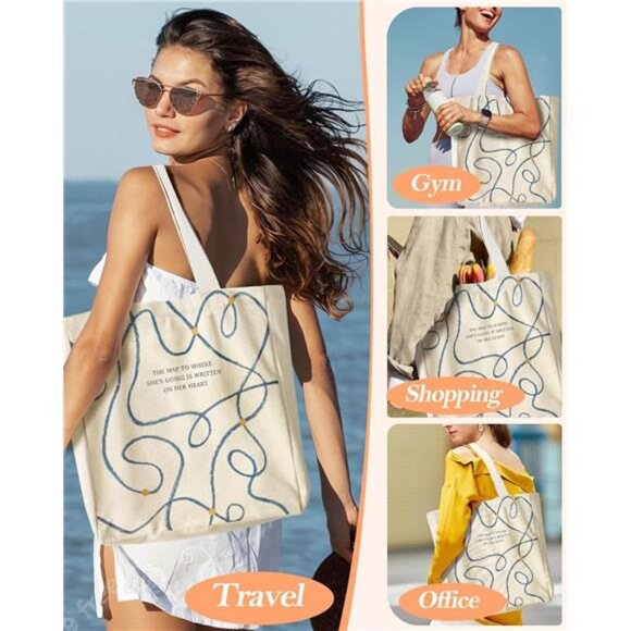 Canvas Tote Bag with Pocket for Women - Picture 2 of 6